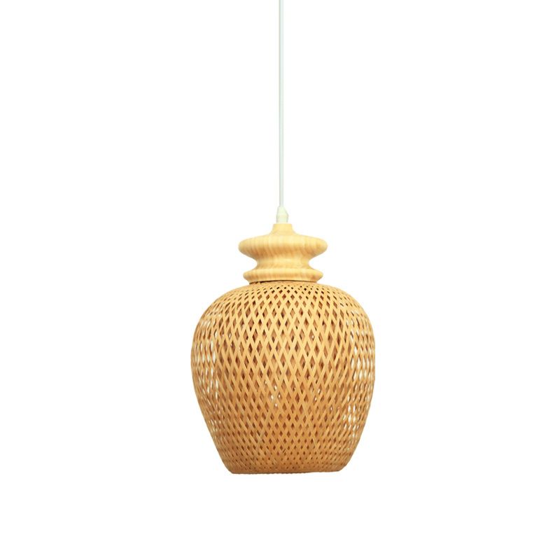 Urn Bamboo Suspension Lighting Traditionary 1 Bulb Wood Hanging Ceiling Light