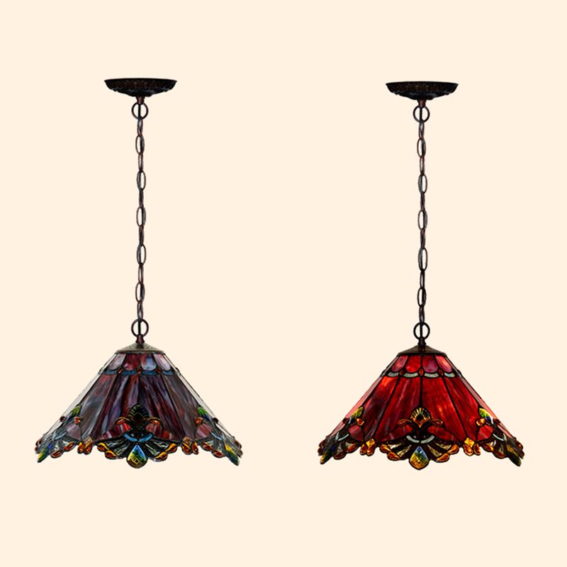 Tiffany-Style Conical Hanging Ceiling Light Stained Glass Suspended Lighting Fixture