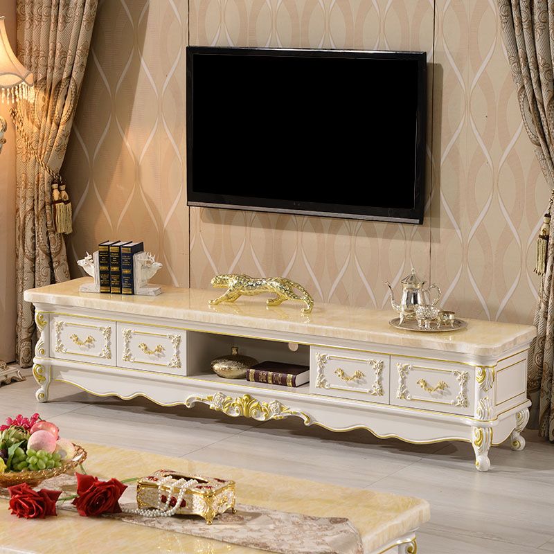 Traditional Marble Top TV Cabinet Solid Wood Crafted TV Stand for Living Room