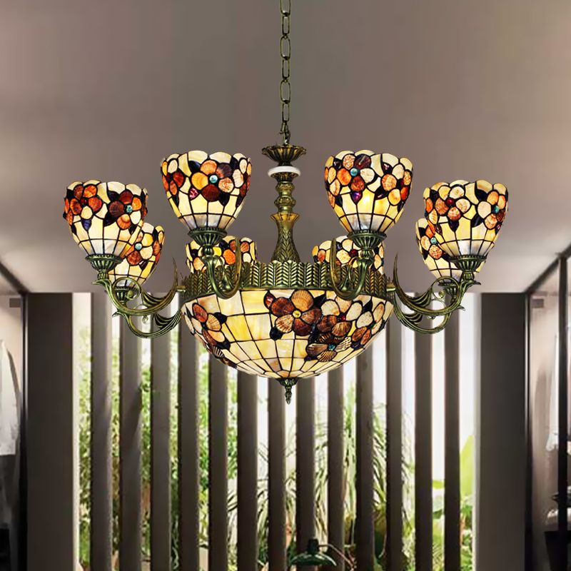 9/11 Lights Bedroom Ceiling Chandelier Tiffany Beige Flower Patterned Suspension Lamp with Bowl Shell Shade