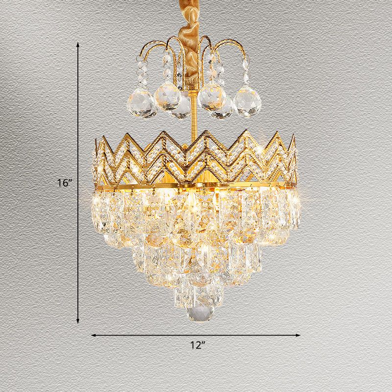 3 Bulbs Conical Semi Flush Mount with Crown Design Traditional Gold Faceted Crystal Ceiling Mount Light