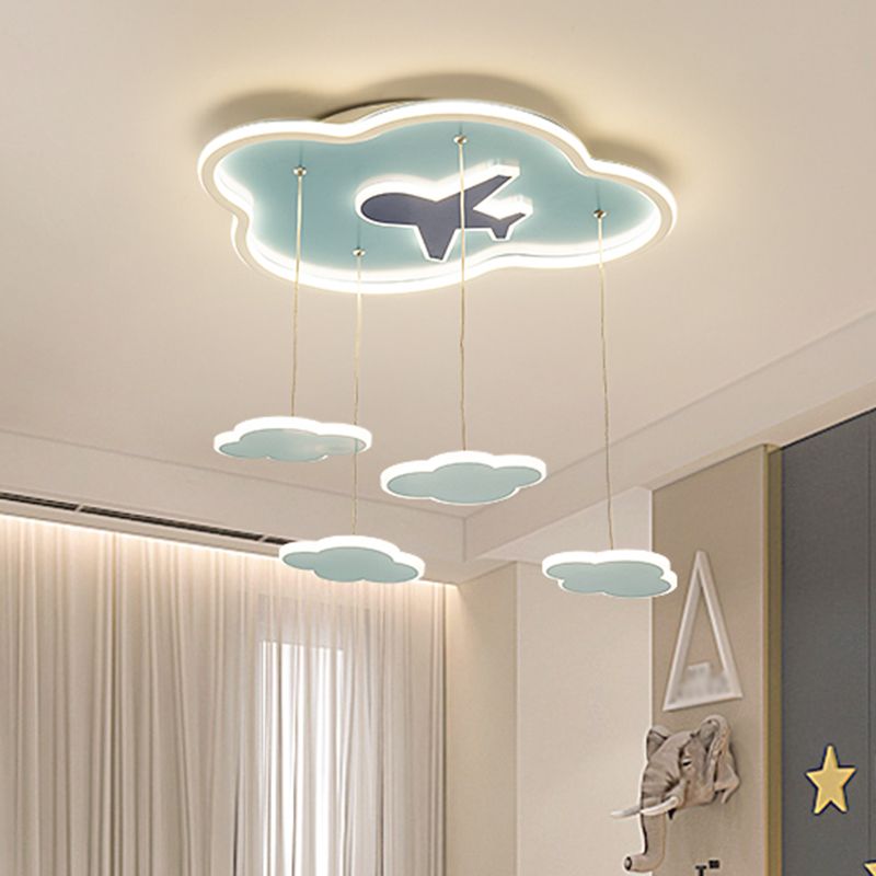 Contemporary LED Hanging Light with Metal Shade Blue Cloud Shape Multi Light Pendant for Kids Bedroom