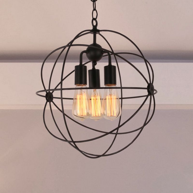 Wire Globe Metal Shade Pendant Light Industrial Style 3 Bulbs Restaurant Hanging Lamp with Chain in Black