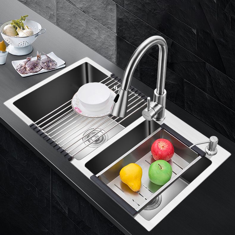 Double Basin Kitchen Sink with Basket Strainer 2 Holes Contemporary Sink