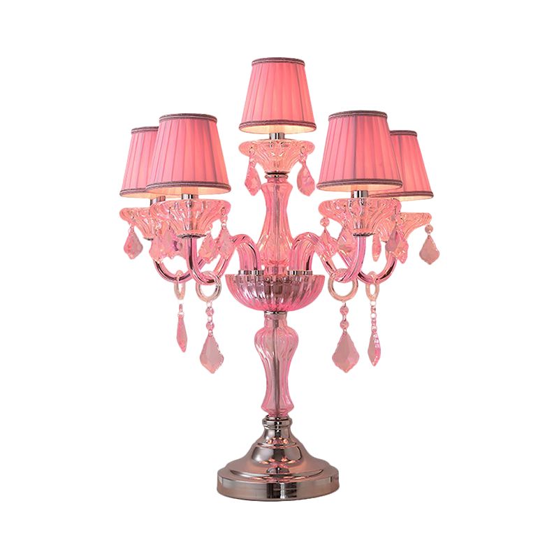 Kerzenschlafzimmertisch Licht traditionelle Kristallspeere 5/6/7 Lampen -Rosa -Nachttisch -Lampe mit Faltenstoffschatten