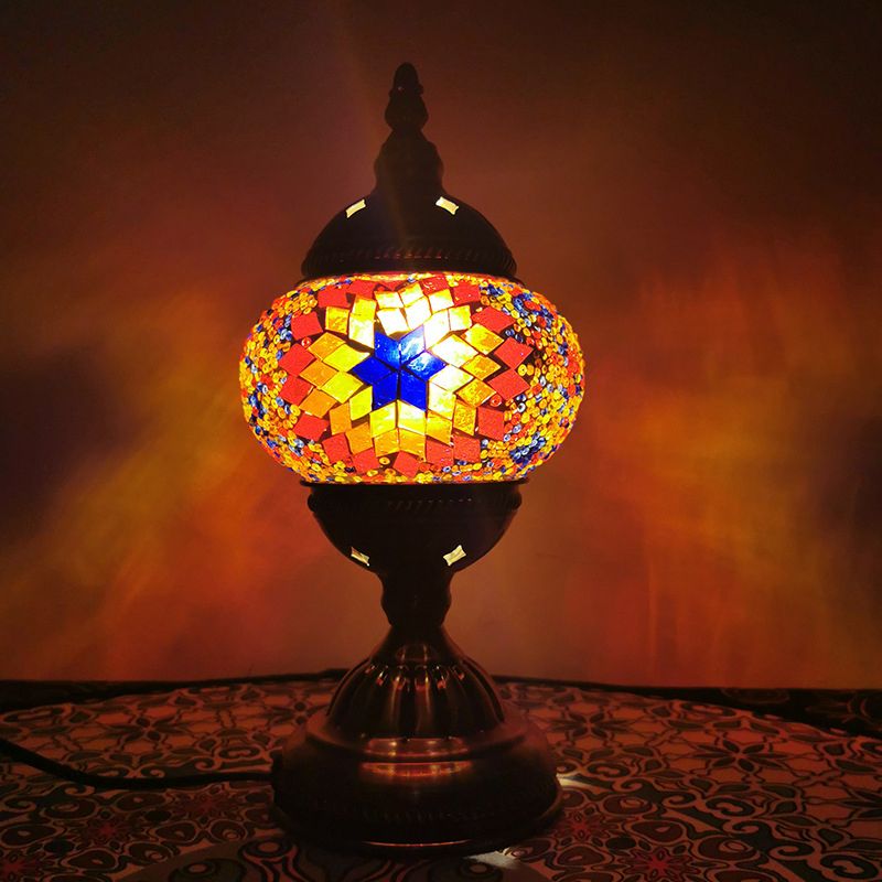 Stained Glass Globe Nightstand Light Turkish 1-Light Living Room Table Lamp with Sunflower Pattern in Bronze