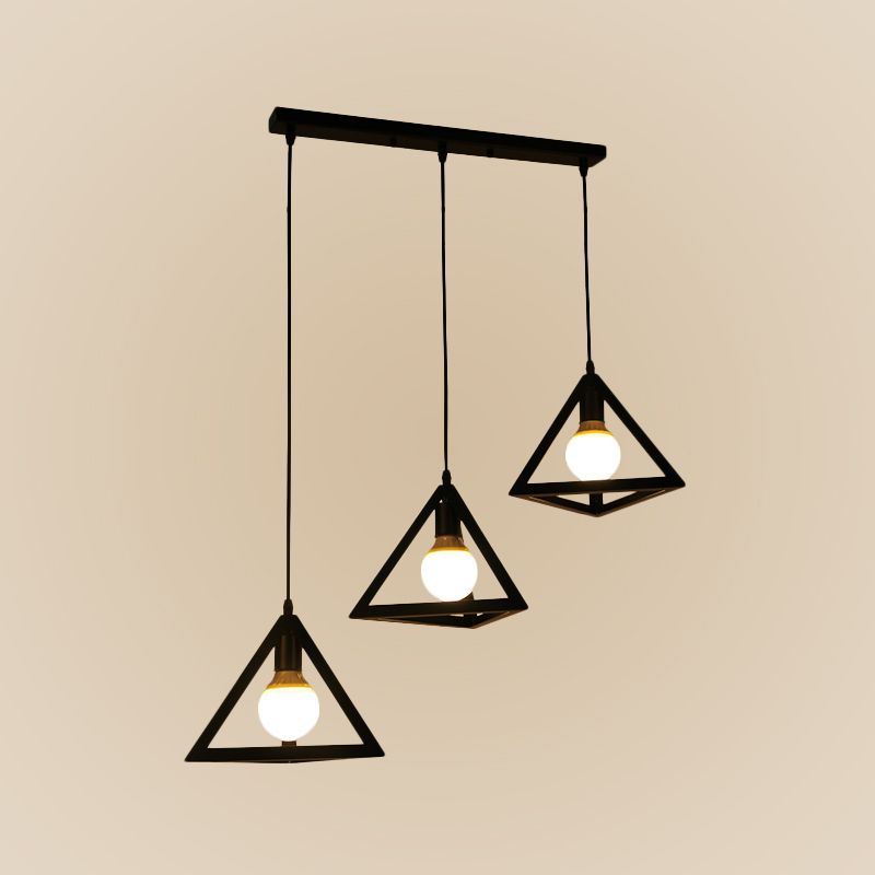 Geometrical Cage Dining Room Multi Ceiling Lamp Vintage Metal 3 Heads Black Suspension Light