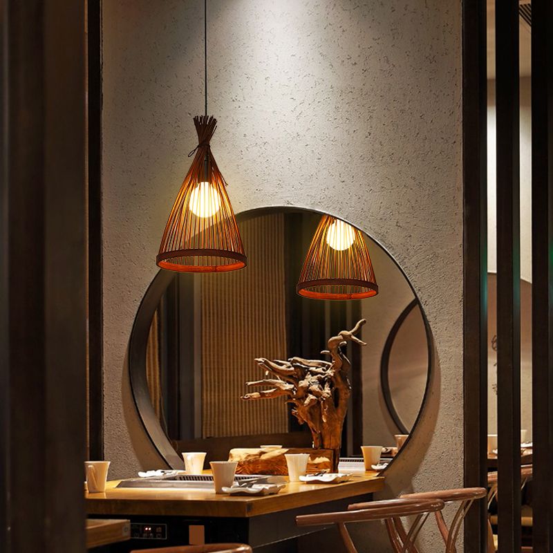 Conical Restaurant Drop Pendant Bamboo 1 Head Minimalist Hanging Ceiling Light with Cage Design