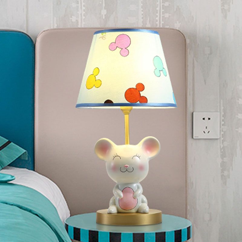 Kids Smiling Mouse Night Lamp Resin 1 Bulb Child Room Table Light with Fabric Shade in Pink/Blue