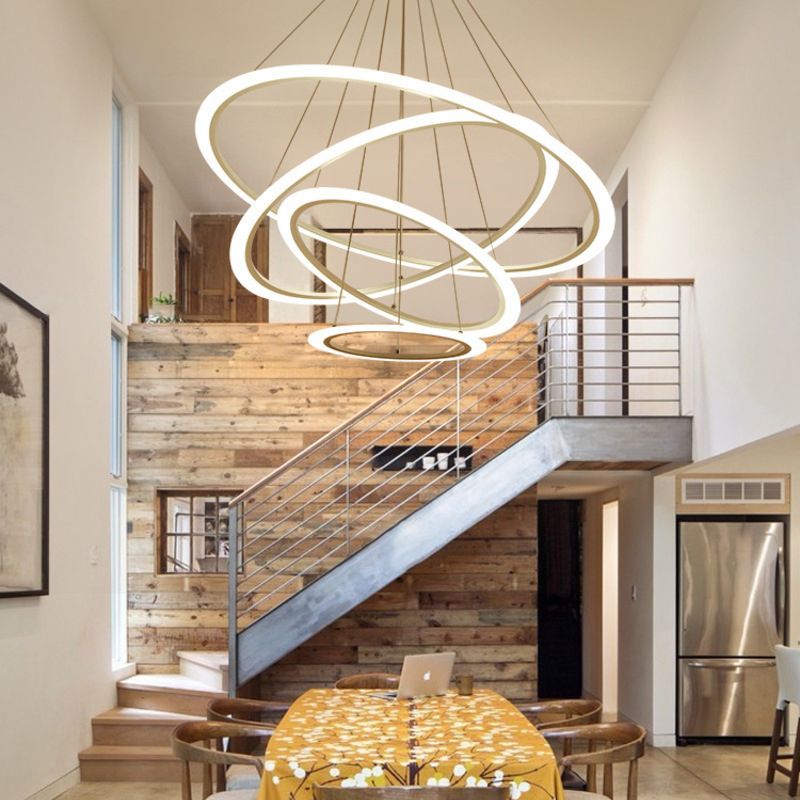 Circular Stairway Ceiling Chandelier Light Acrylic LED Artistic Hanging Pendant in White