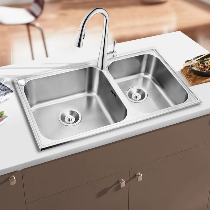 Kitchen Sink Stainless Steel Drop-In Kitchen Double Sink with Drain Assembly