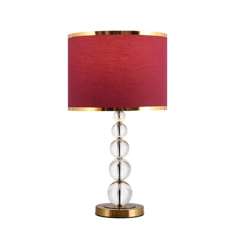 1-Head Drum Shade Nightstand Lamp Traditional Burgundy/Beige Fabric Table Light with Spherical Crystal Post