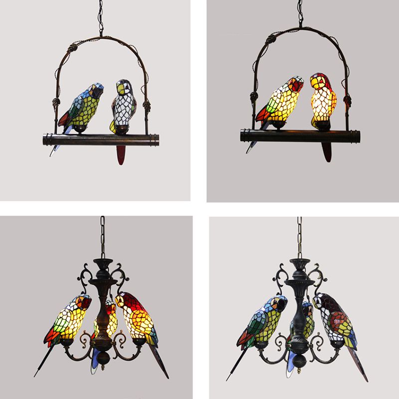 Wrought Iron Pendant Light in Tiffany Artistic Style Parrot Glass Ceiling Light for Corridor