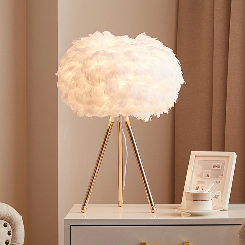 Tripod Girls Bedroom Table Lamp Metallic Single-Bulb Contemporary Nightstand Lighting with Feather Shade