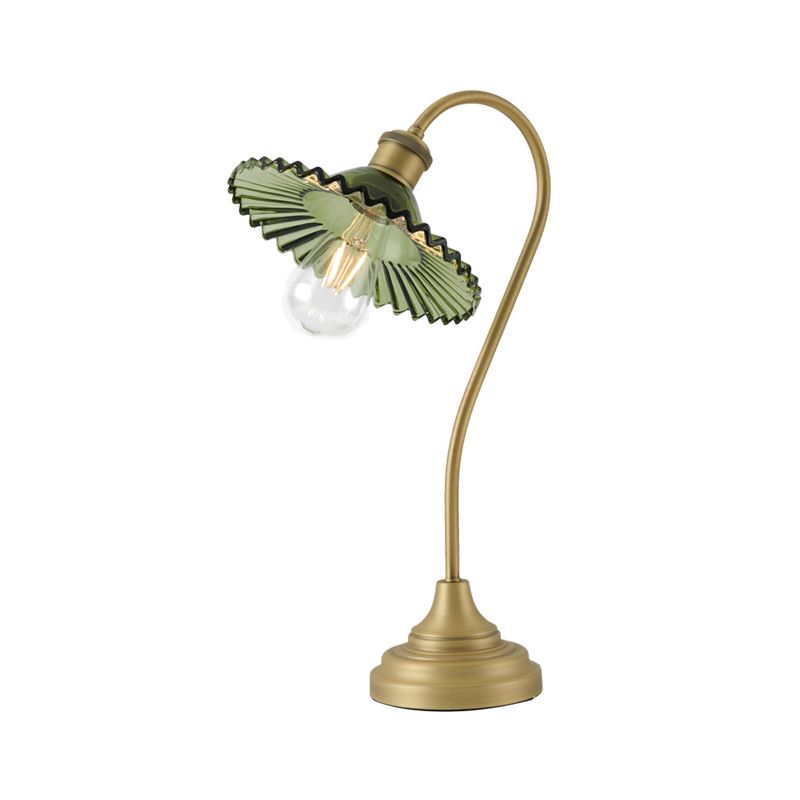 Wide Flared Table Light Simplicity Grey/Green Ribbed Glass Brass Night Lighting with Curved Arm