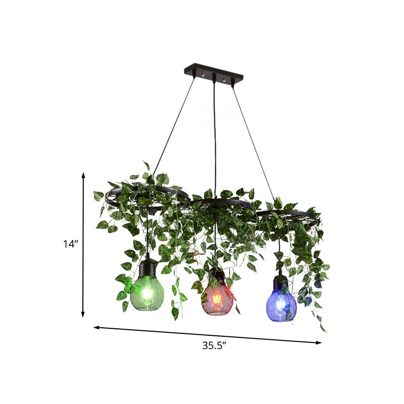 Éclairage à baisse du grenier en fer et de la cage globale à cluster à 3 têtes à 3 têtes avec vigne d'art vert, canopée ronde / linéaire