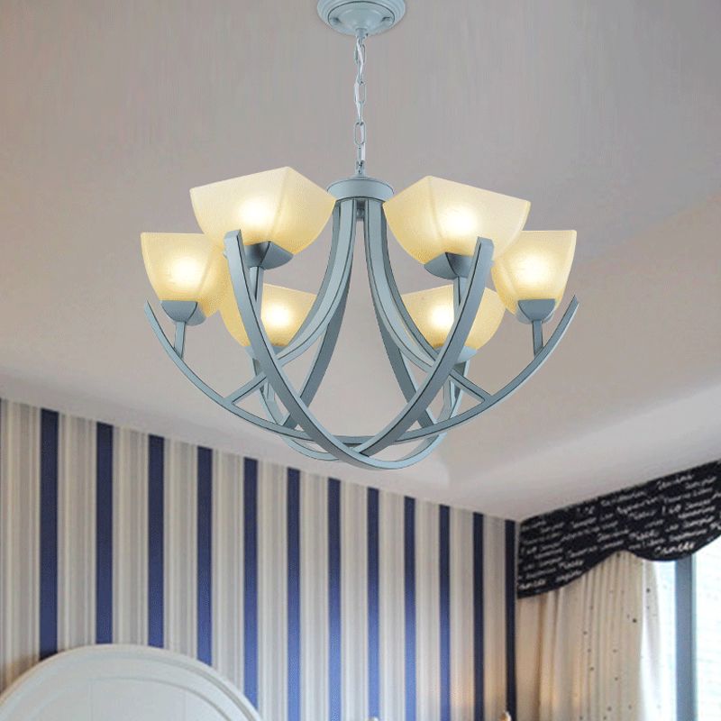 Frosted Glass Trapezoid Hanging Lamp Kit Simple 6-Head Chandelier Light Fixture with Curved Arm in Blue