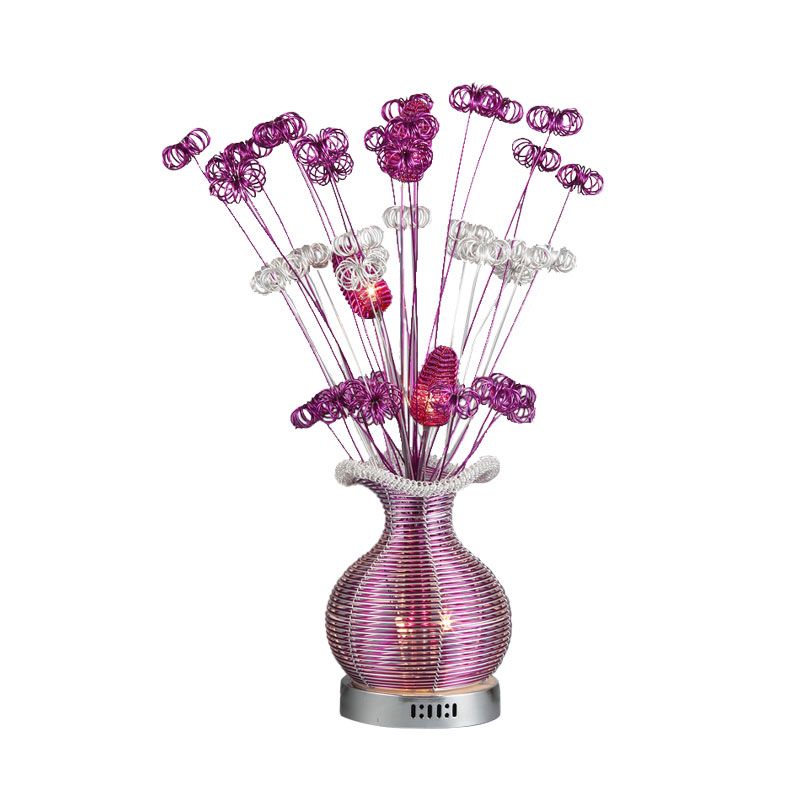 Art Deco Plant and Vase Nightstand Light Aluminum Wire LED Night Table Lamp in Purple