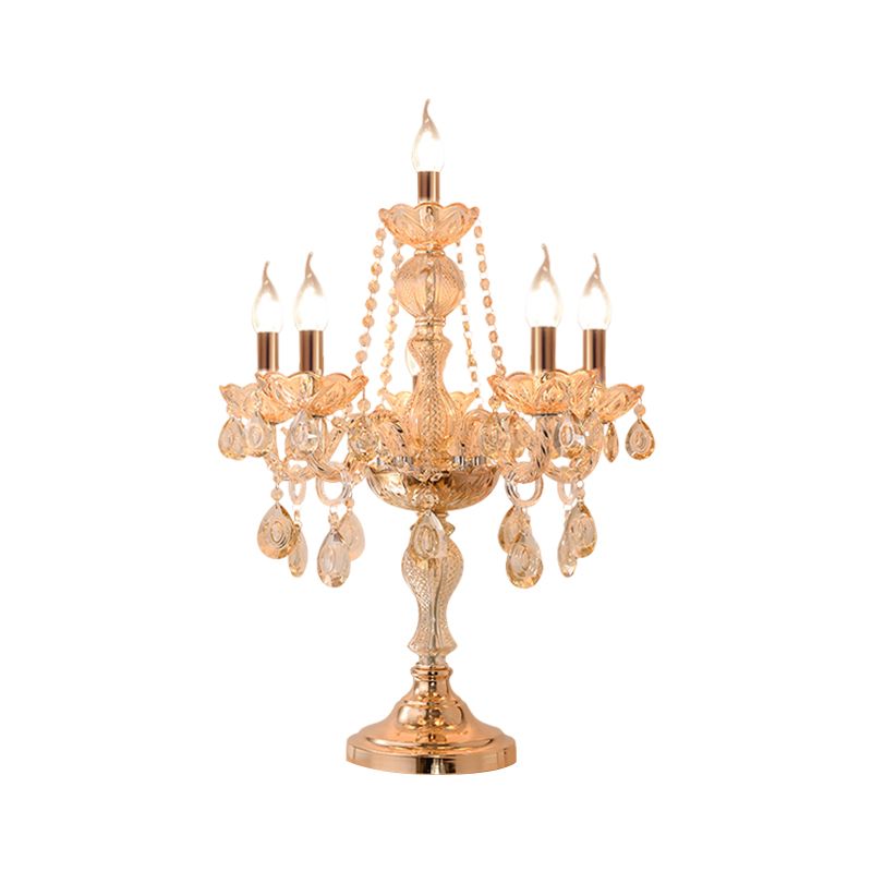 5/6 Heads Candelabra Table Light Traditional Gold Crystal Droplets Nightstand Lamp with/without White Bell Fabric Shade