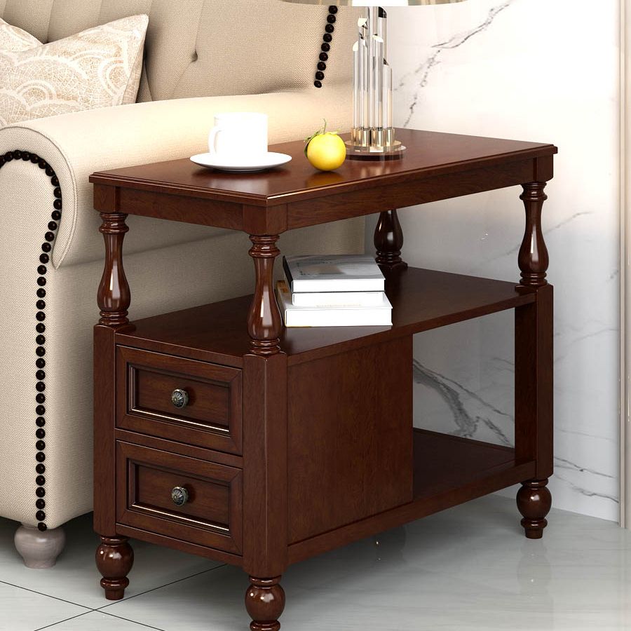 4 Legs Side Table Modern Wood Gold 2-Drawer Side End Snack Table