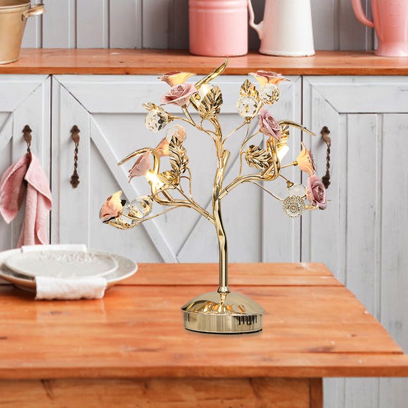 Ceramic Flowering Tree Table Lamp Romantic Pastoral 3-Head Dining Room Nightstand Light in Green/White/Red