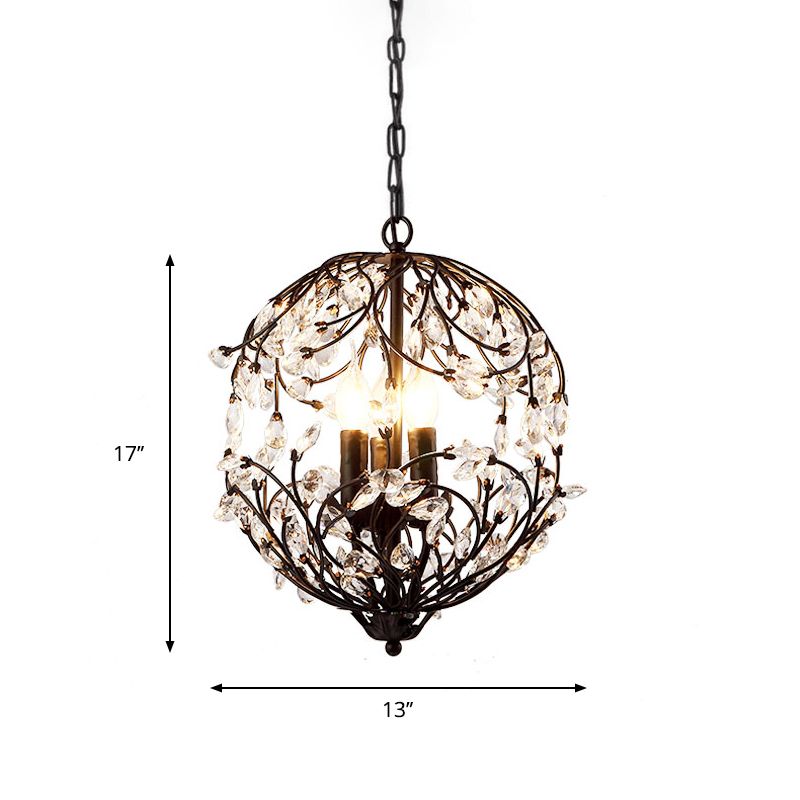 Traditional Floral Sphere Hanging Chandelier 3-Light Black/Bronze Iron Suspension Lamp with Crystal Accent