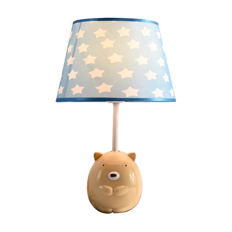 Bear Nightstand Lamp Kids Resin 1 Bulb Bedroom Table Lighting with Tapered Fabric Shade in Apricot