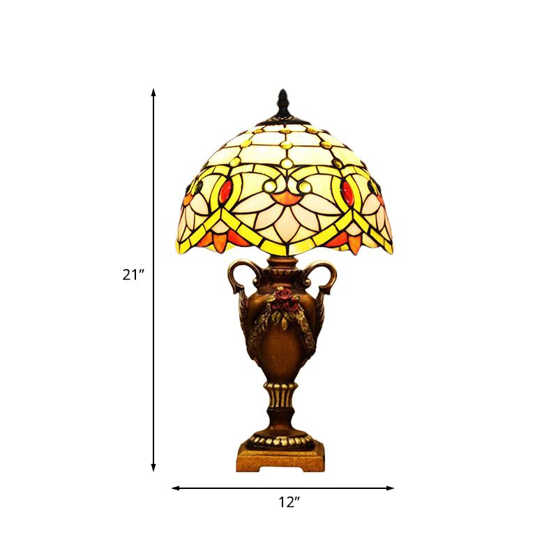 Yellow/Green Domed Desk Lighting Mediterranean 1 Light Hand Cut Glass Blossom Patterned Night Lamp with Trophy Base