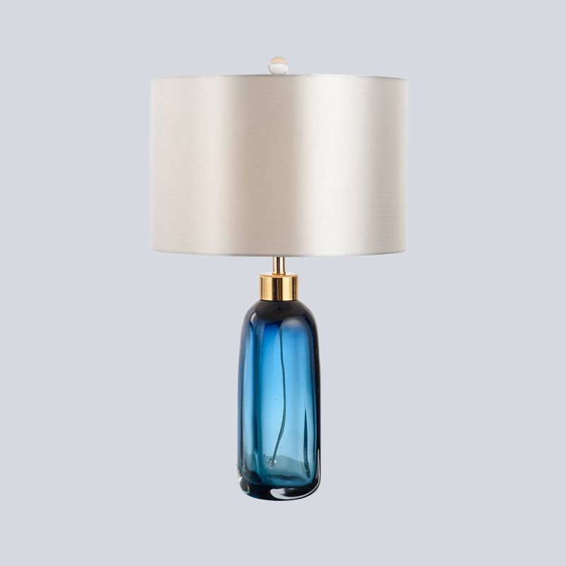 1 Bulb Study Task Lighting Modern Blue Small Desk Lamp with Cylindrical Fabric Shade