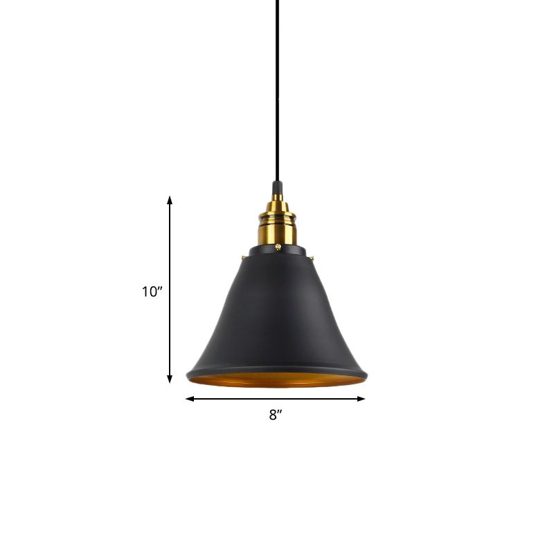 1-Light Wrought Iron Pendant Industrial Black/White/Gold Bell Shade Living Room Hanging Lamp