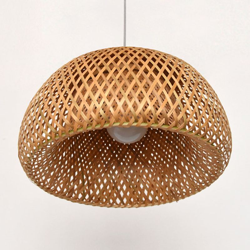 Double Walled Dome Hanging Lamp Asian Bamboo 1-Light Beige Hanging Pendant for Restaurant