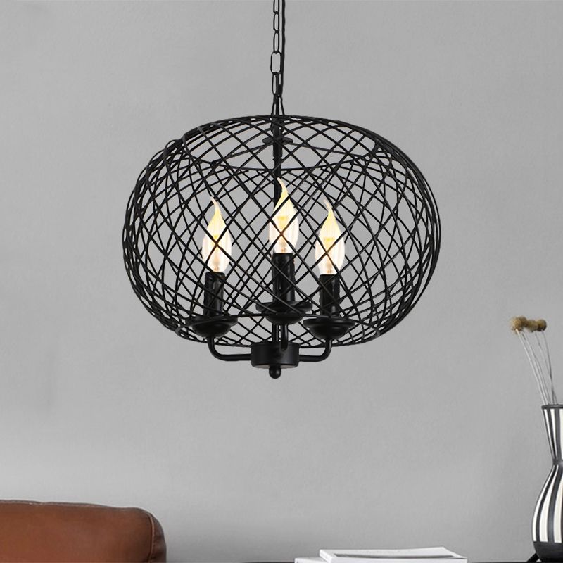 Schwarze 3 Lampen hängende Kronleuchterlampe Industrial Metall Mesh Drum Shade Deckenleuchte für Esszimmer