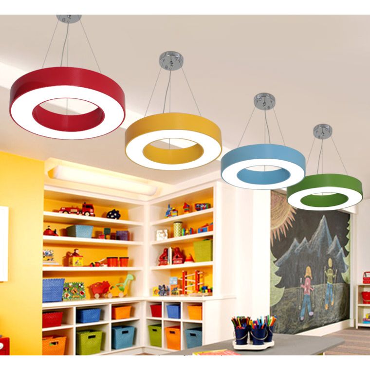 Integrated Led Drum Pendant Light Height Adjustable Metal Hanging Light for Play Room