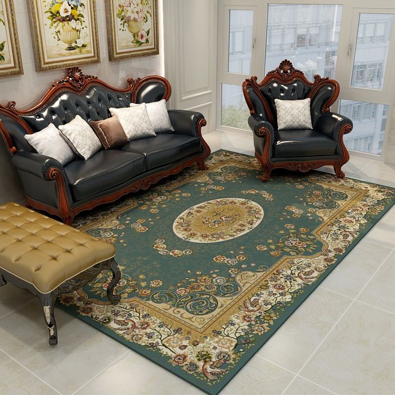 Oriental Floral Frame Rug Dark Color Polypropylene Rug Machine Washable Anti-Slip Backing Stain Resistant Area Carpet for Family Room