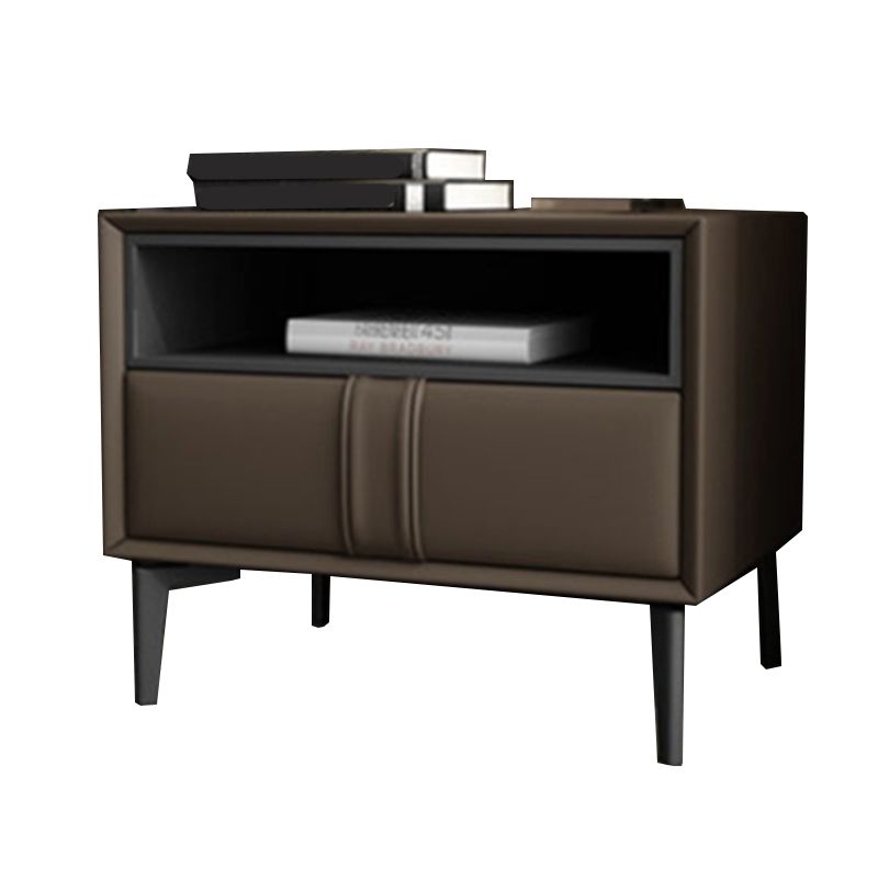 Wooden and Leather Bed Nightstand Modern Minimalist Open Bedside Table with Drawers