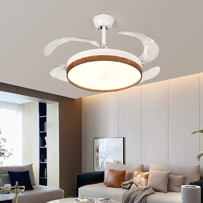 Retractable Ceiling Fan Contemporary LED Fan Light Fixture in White & Brown