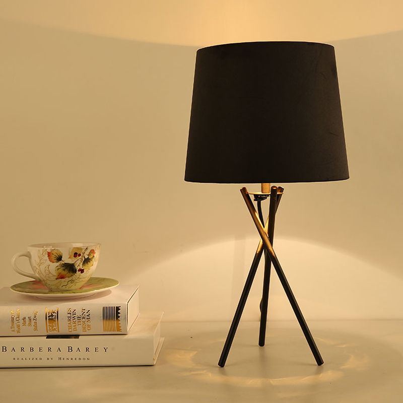 Drum Fabric Night Lighting Minimalist Novelty 1-Light Black/White Table Lamp with Cross-Legged Design