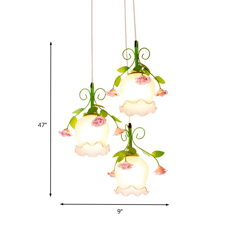 Flower White Glass Cluster Pendant Pastoral 3 Heads Dining Room LED Hanging Ceiling Light