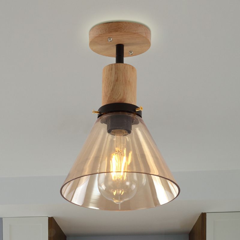 Single Bulb Semi Flush Mount Industrial Cone Amber Glass Ceiling Light in Wood for Foyer