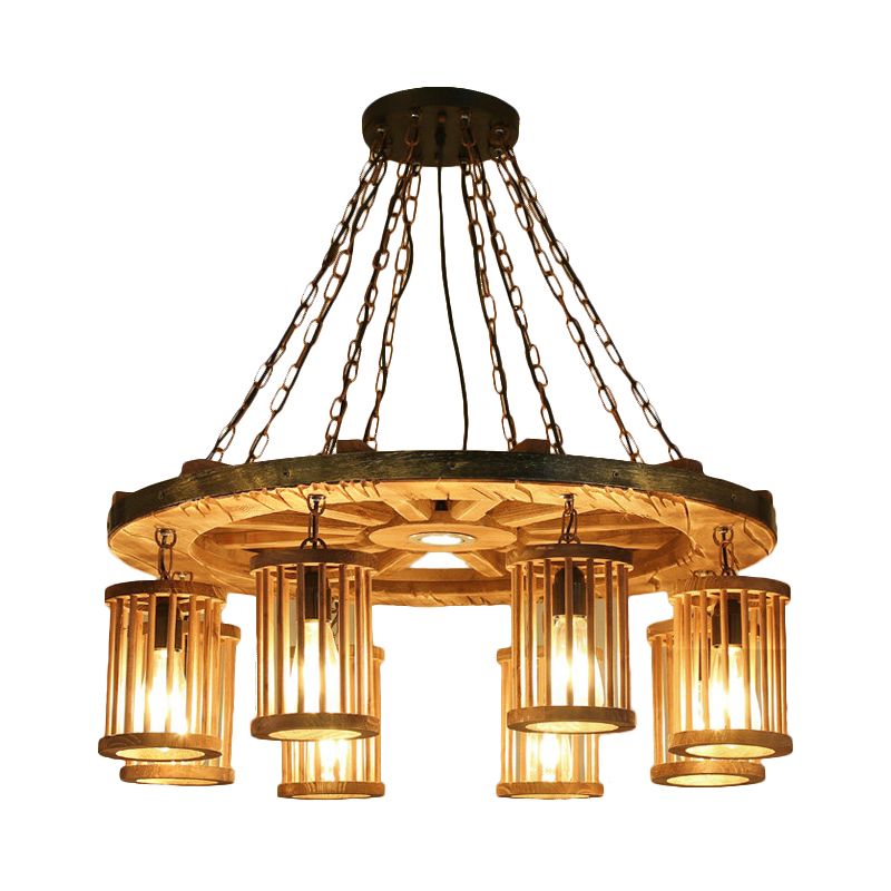 Retro Cylinder Chandelier Light Fixture 8-Bulb Wood Ceiling Pendant with Wheel for Living Room