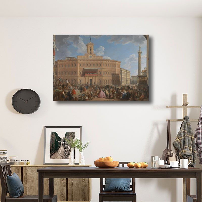 Textured Yellow Wall Art Vintage the Lottery in Piazza Di Montecitorio Painting Canvas Print