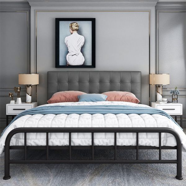 Scandinavian Metal Bed Tall Clearance Panel Bed with Upholstered Headboard