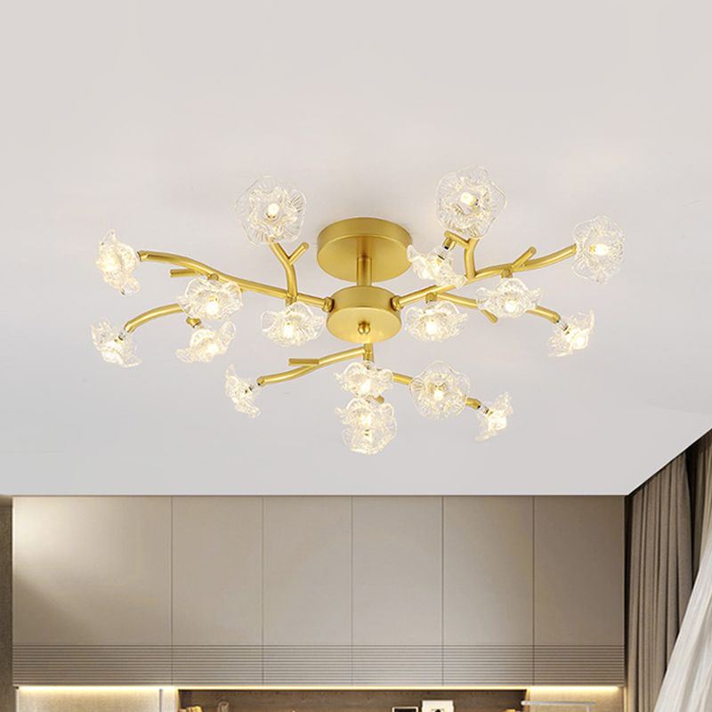 Contemporary Branch Ceiling Lamp with Blossom Metallic Gold Semi Flush Ceiling Light for Dining Room