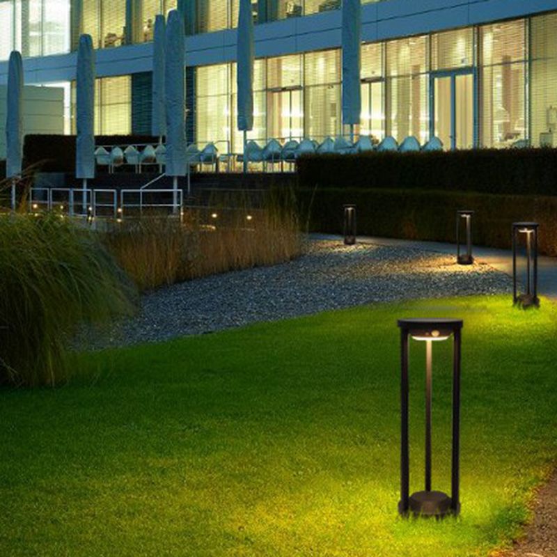 Simple Solar LED Path Lamp Black Cylindrical Ground Light with Metal Frame for Patio