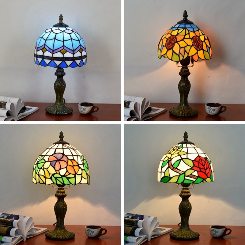 Dome Table Light Single-Bulb Stained Art Glass Tiffany Style Nightstand Lamp for Bedroom