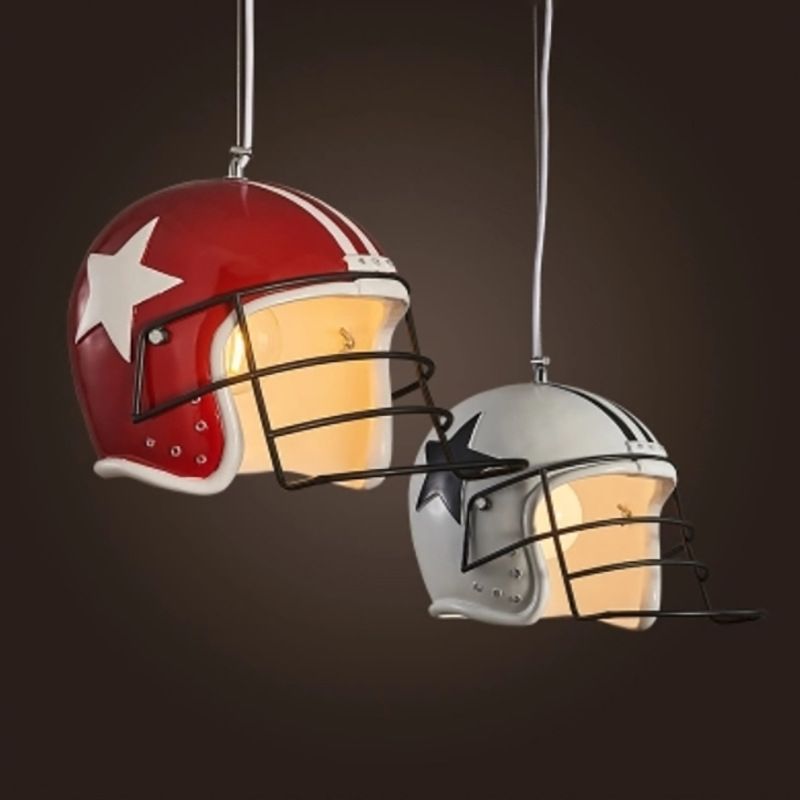 Resin Soccer Helmet Ceiling Pendant Industrial Single Restaurant Suspension Light in Red/White