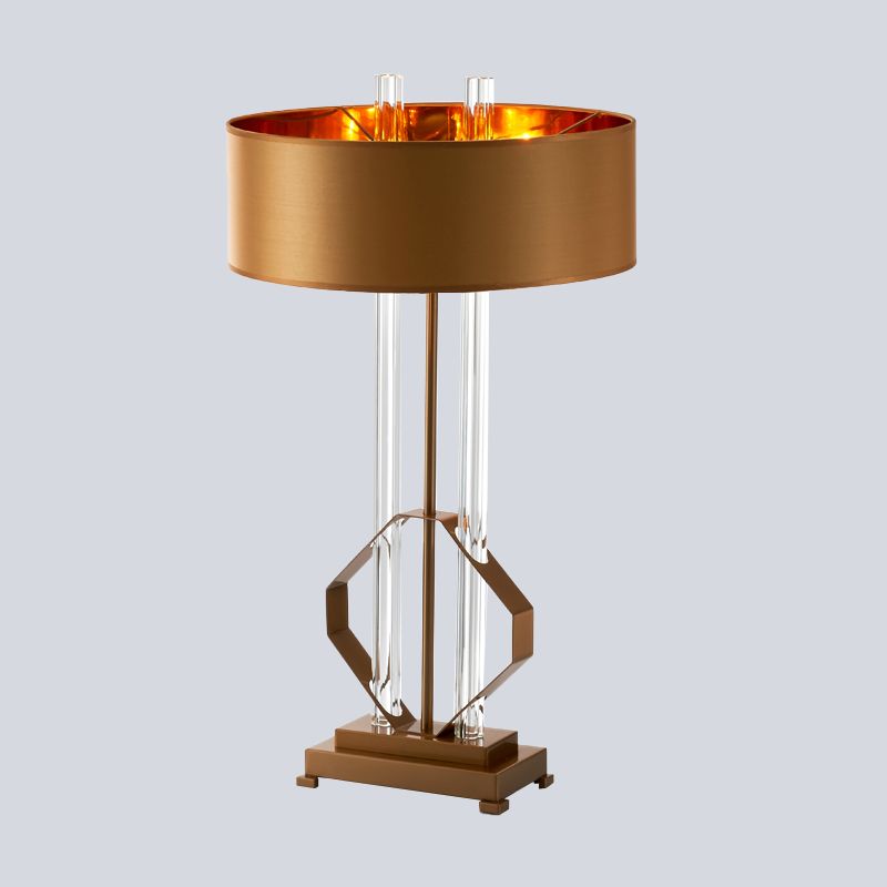 Fabric Drum Task Light Modern 1 Head Table Lamp in Gold with Rectangle Metal Pedestal