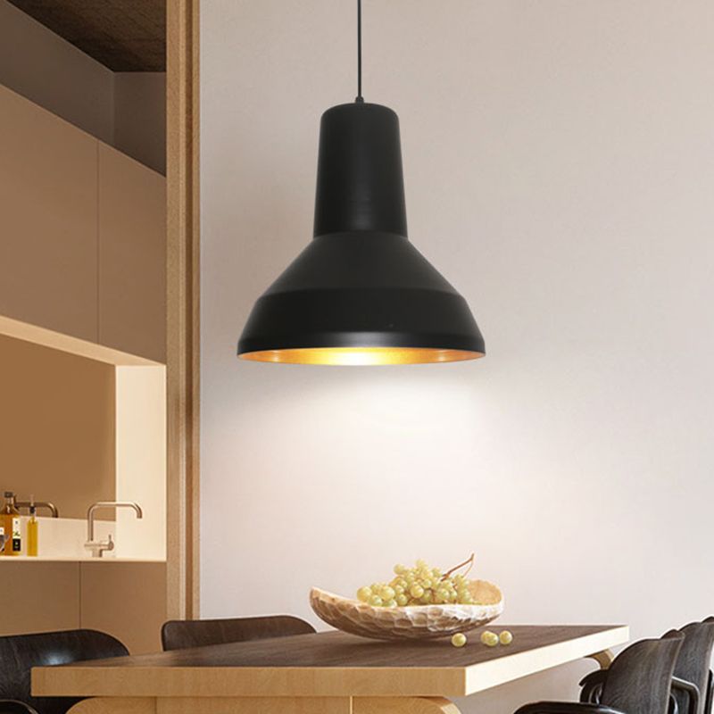 Black Finish 1-Bulb Down Lighting Industrial Metal Funnel Shade Ceiling Hang Fixture over Dining Table