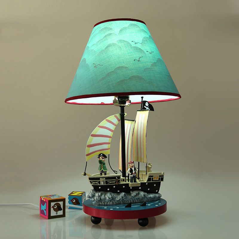 Pirate Sailboat Boy's Bedside Table Lamp Resin 1 Light Kids Nightstand Light with Conical Shade in Blue