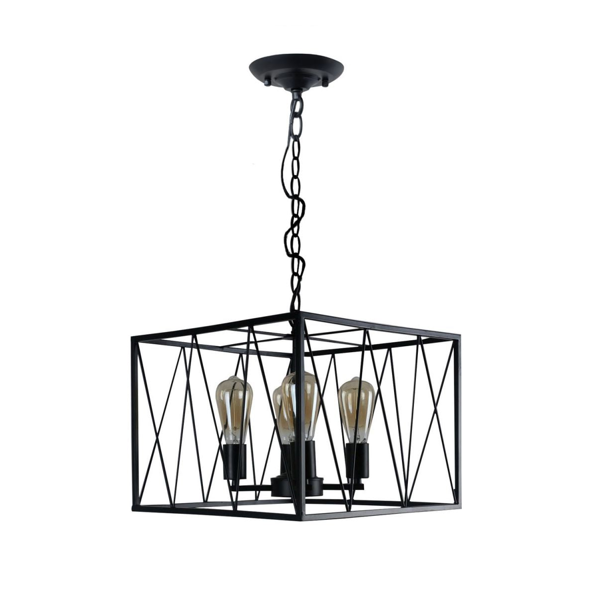 Black Cuboid Wire Frame Pendant Vintage Iron 4 Heads Dining Room Hanging Light Fixture